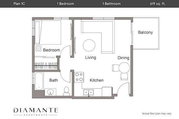 Floor Plan  A floor plan for a 1 bedroom apartment with a balcony.