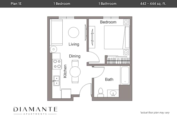 Floor Plan  A floor plan for a 1 bedroom, 1 bathroom apartment sized 442 - 444 sq. ft.