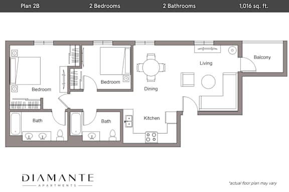 Floor Plan  A floor plan for a 1,016 square foot apartment with two bedrooms and two bathrooms is shown.