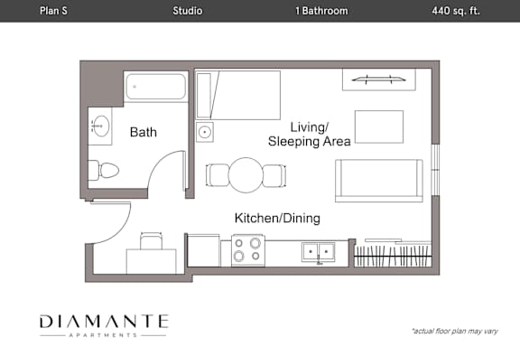 Floor Plan  A floor plan for a 440 square foot apartment with a studio.