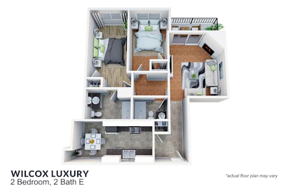 Floor Plan  A floor plan of a 2 bedroom, 2 bathroom apartment.