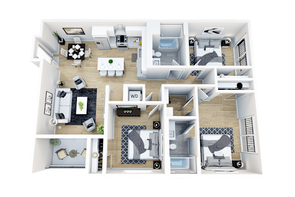 Floor Plan  A 3D floor plan of a house with multiple rooms and furniture.