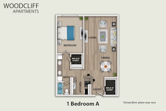 A diagram of a 1 Bedroom apartment layout.