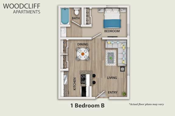 A diagram of apartment layout with bedroom, bathroom, kitchen and living room.