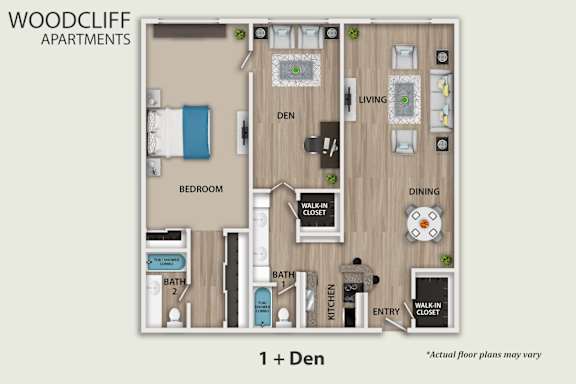 A floor plan of a one bedroom apartment with a den.