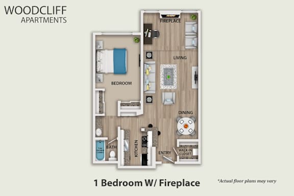 Floor Plan  A floor plan of a one bedroom apartment with a fireplace.