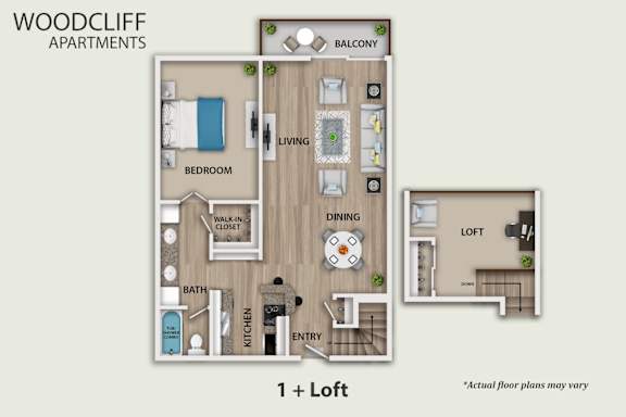A floor plan for Woodcliff Apartments shows a 1 bedroom apartment with a loft.