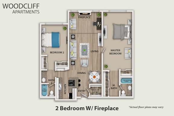 A floor plan of a 2 Bedroom apartment with a fireplace.