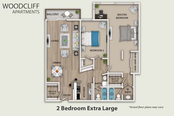 A floor plan of a 2 Bedroom Extra Large apartment.