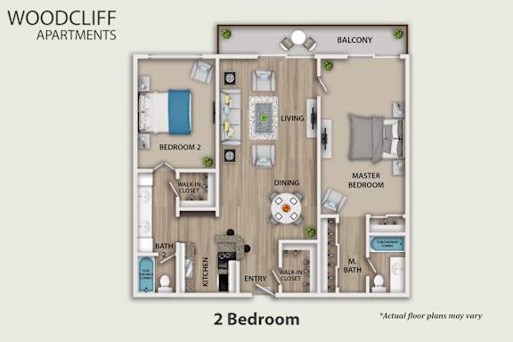 A floor plan of a 2 bedroom apartment with a balcony.