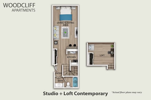 Floor Plan  A floor plan for a studio apartment with a loft area.