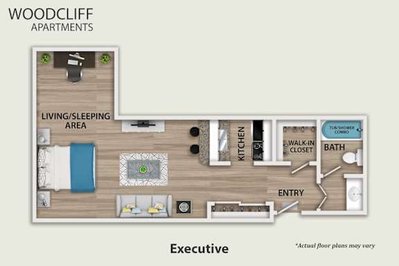 A floor plan of an apartment layout by Woodcliff Apartments.