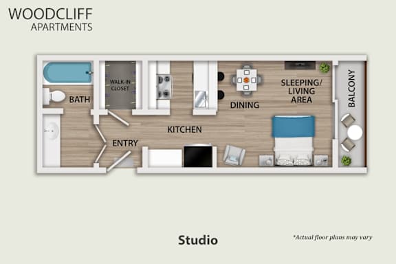 A floor plan of a studio apartment with a kitchen, living room, and bathroom.