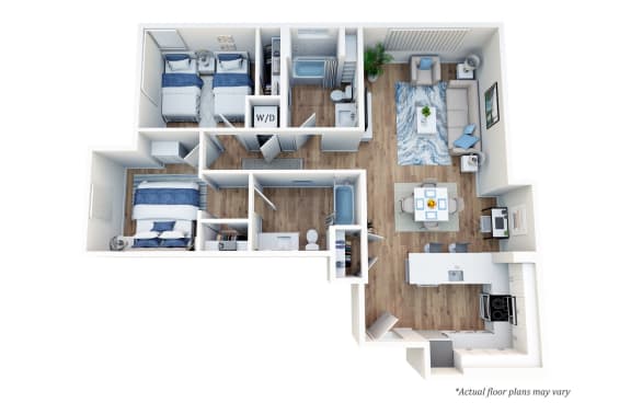 a stylized floor plan of a room with a bedroom and a bathroom