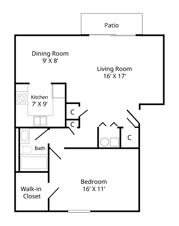 A floor plan of a 1 bedroom accessible apartment with a patio, living room, dining room, kitchen, bath, bedroom, and walk-in closet.