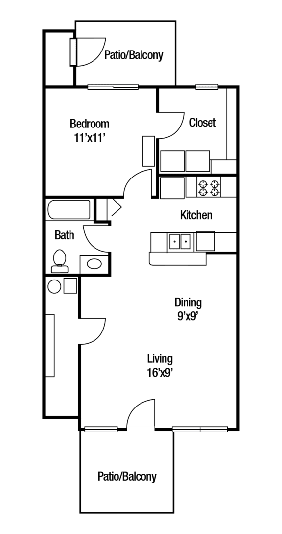 A floor plan of a house with a patio/balcony, bedroom, bathroom, kitchen, dining area, living room, and closet.