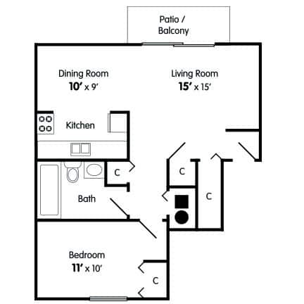 A floor plan of a one bedroom apartment with a living room, dining room, kitchen, bathroom, and bedroom.