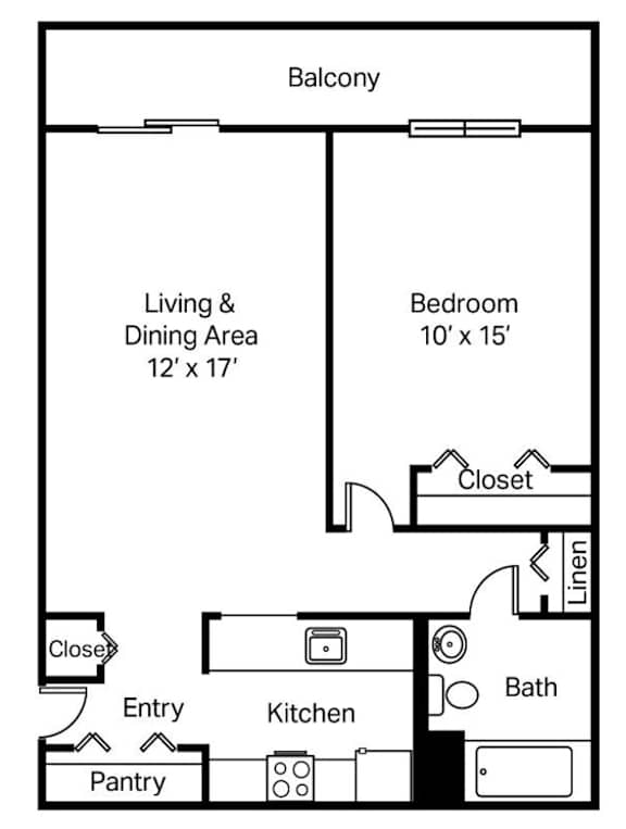 Floor plan of a one bed one bath apartment with a living and dining area, kitchen, pantry, bedroom, and bathroom.