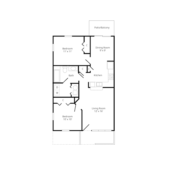 A floor plan of a house with a living room, two bedrooms, a dining room, kitchen, bathroom and a patio.