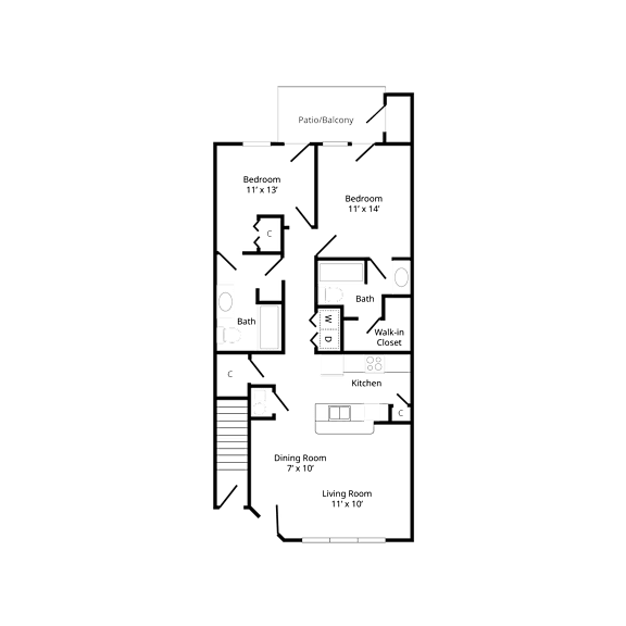 Floor plan of a two-bedroom apartment at chapelgate apartments, featuring a bedrooms, bathroom, kitchen, living/dining area, and a private balcony or patio.