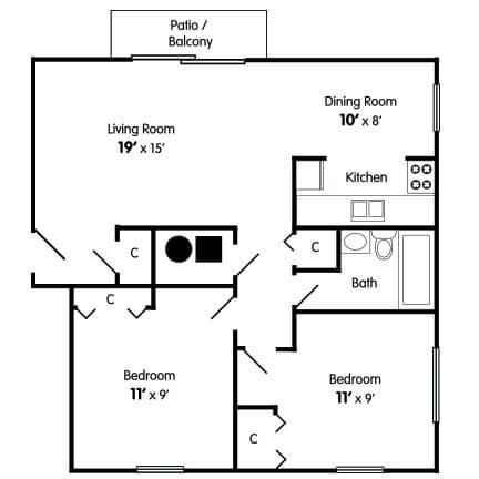 A floor plan of a two bedroom apartment with a living room, dining room, kitchen, bathroom and two bedrooms.