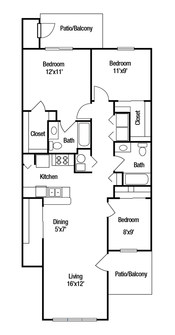 A floor plan of a house with a living room, two bedrooms, a bathroom, a kitchen, a dining room, and a patio/balcony.