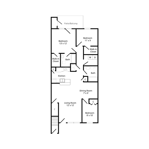 Floor plan of a three-bedroom apartment at chapelgate apartments, featuring a bedrooms, bathroom, kitchen, living/dining area, and a private balcony or patio.