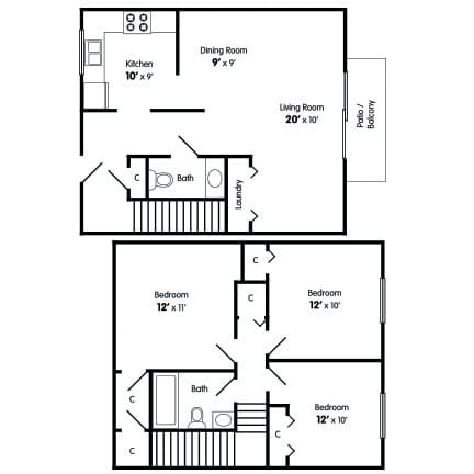 A floor plan of a three bedroom townhome with a living room, dining room, kitchen, bathroom and three bedrooms.