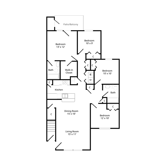 Floor plan of a four-bedroom apartment at chapelgate apartments, featuring a bedrooms, bathroom, kitchen, living/dining area, and a private balcony or patio.