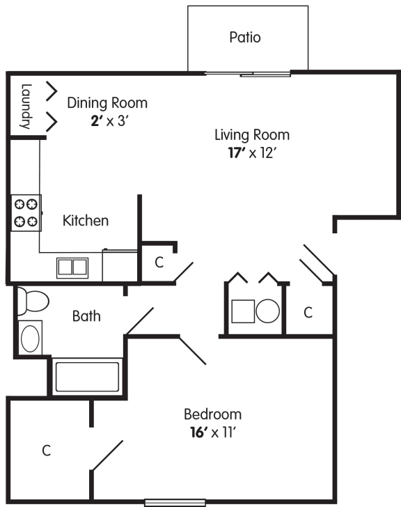 1 bedroom ADA apartment floorplan Briarwood Lafayette