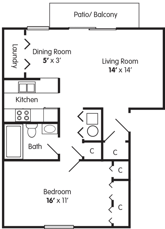 1 bedroom apartment floorplan Briarwood Lafayette
