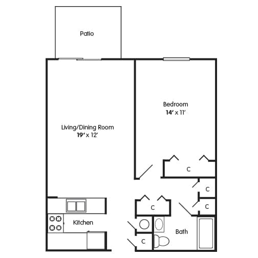A floor plan of a small apartment with a living/dining room, kitchen, bedroom, and bathroom.