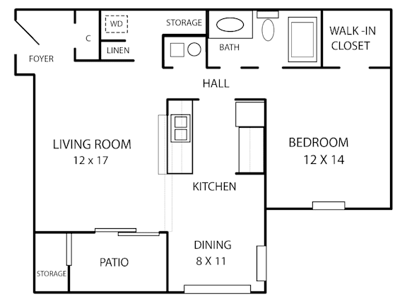 Floor plan of a one-bedroom apartment at Cedar Ridge Apartments, featuring a bedroom, bathroom, kitchen, living/dining area, and a private balcony or patio.