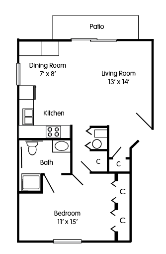 the floor plan of a bedroom apartment with a dining room and a living room