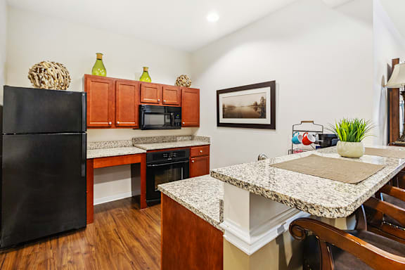 A kitchen with a black fridge, wooden cabinets, and a granite countertop.