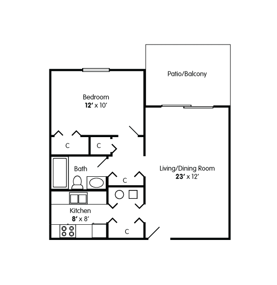 A floor plan of a small apartment with a living room, dining room, kitchen and bath.
