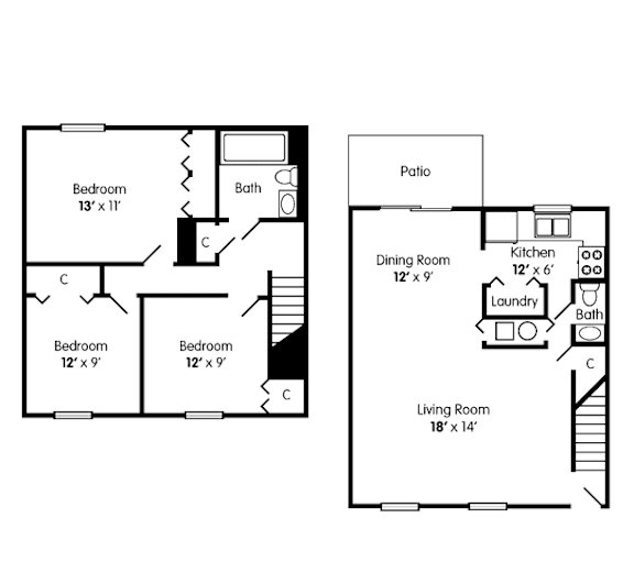 A floor plan of a two bedroom apartment with a living room, dining room, kitchen and bathrooms.