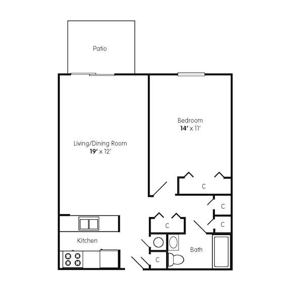 A floor plan of a small apartment with a living/dining room, kitchen, bathroom, and bedroom.