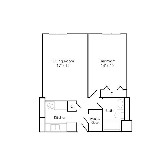 Floor plan of a one-bedroom apartment at Marshall House, featuring a bedroom, bathroom, kitchen, and living area.