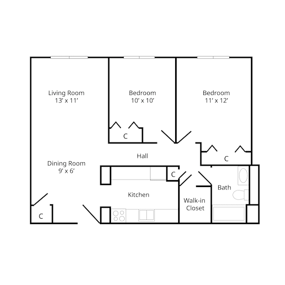 A floor plan of a two-bedroom apartment at Marshall House, featuring a living room, dining room, kitchen, walk-in closet, and two spacious bedrooms.