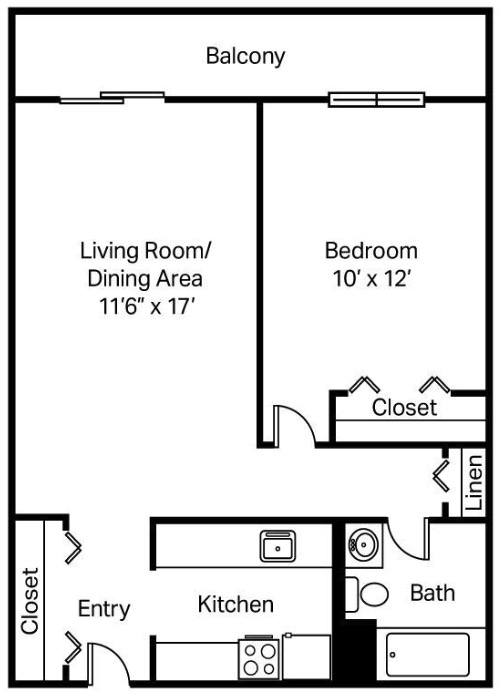 A black and white image of a floor plan for a balcony with a living room, dining area, kitchen, bathroom, and bedroom.