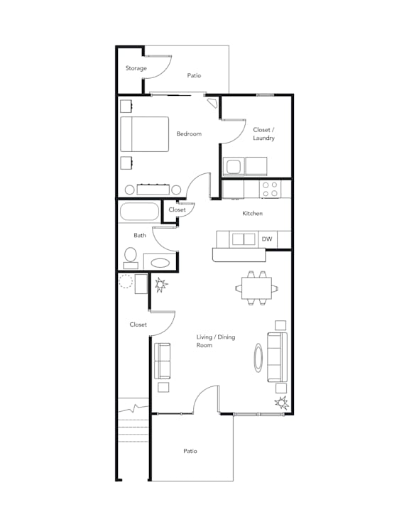 A floor plan of a house with a bedroom, kitchen, living room, and bathroom.