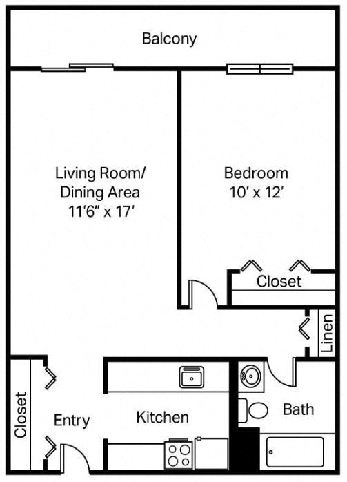 One bedroom and one bathroom accessible apartment floor plan at Kentwood Square.