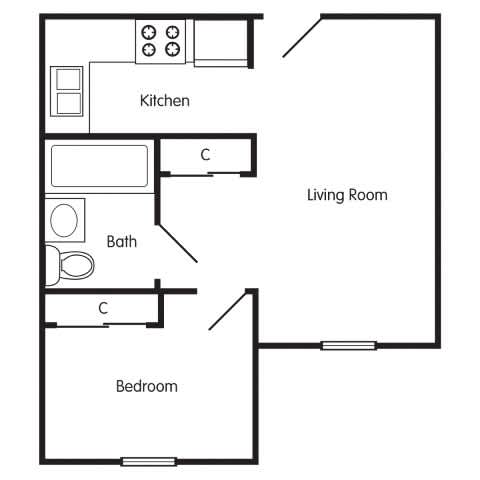 A floor plan of a small apartment with a kitchen, living room, and bedroom.