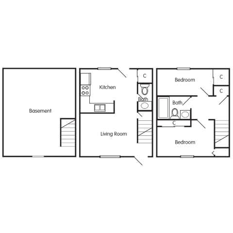 A floor plan of a home showing a basement, living room, kitchen, and two bedrooms.