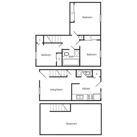 A black and white image of a floor plan for a house with three bedrooms, a living room, a kitchen, and a basement.