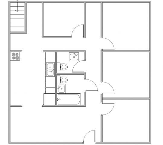A floor plan of a house with a kitchen, living room, and two bedrooms.
