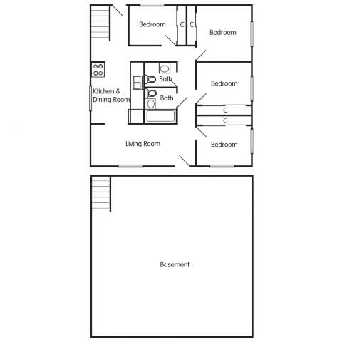 A floor plan of a house with a basement and a living room.