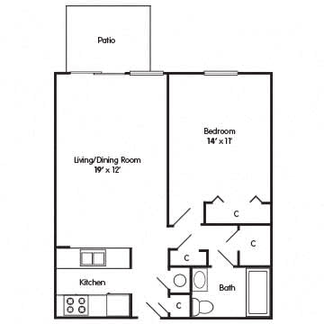 A floor plan of a small apartment with a living/dining room, kitchen, bedroom, and bathroom.