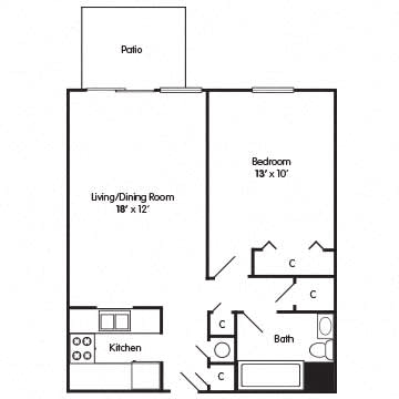 A floor plan of a small apartment with a living/dining room, kitchen, bedroom, and bathroom.